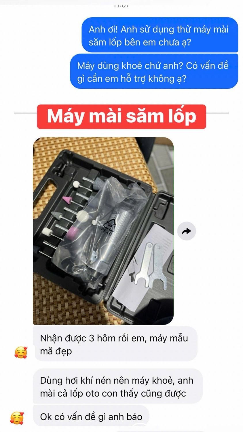 Tin nhắn khách mua bộ mài săm lốp (tặng 10 mũi mài): Nhận được 3 hôm rồi em, máy mẫu mã đẹp. Dùng hơi khí nén nên máy khỏe, anh mài cả lốp ô tô con thấy cũng được.