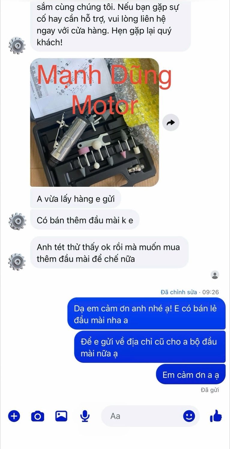 Tin nhắn khách mua bộ mài săm lốp (tặng 10 mũi mài): Anh test thử thấy ok rồi mà muốn mua thêm đầu mài để chế nữa.