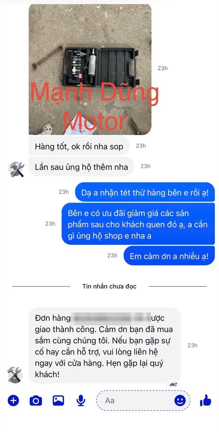 Tin nhắn khách mua bộ mài săm lốp (tặng 10 mũi mài): Hàng tốt, ok rồi nha shop. Lần sau ủng hộ thêm nha.