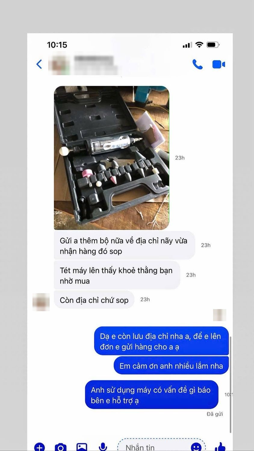 Tin nhắn khách mua bộ mài săm lốp (tặng 10 mũi mài): Gửi anh thêm bộ nữa về địa chỉ vừa nhận hàng đó shop. Test máy lên thấy khỏe, thằng bạn nhờ mua.