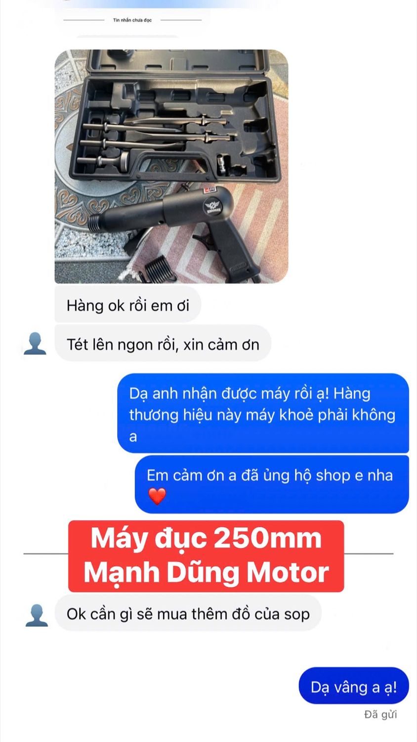 Tin nhắn khách mua máy đục khí nén kingman 250mm: Hàng ok rồi em ơi. Test lên ngon rồi, xin cảm ơn.