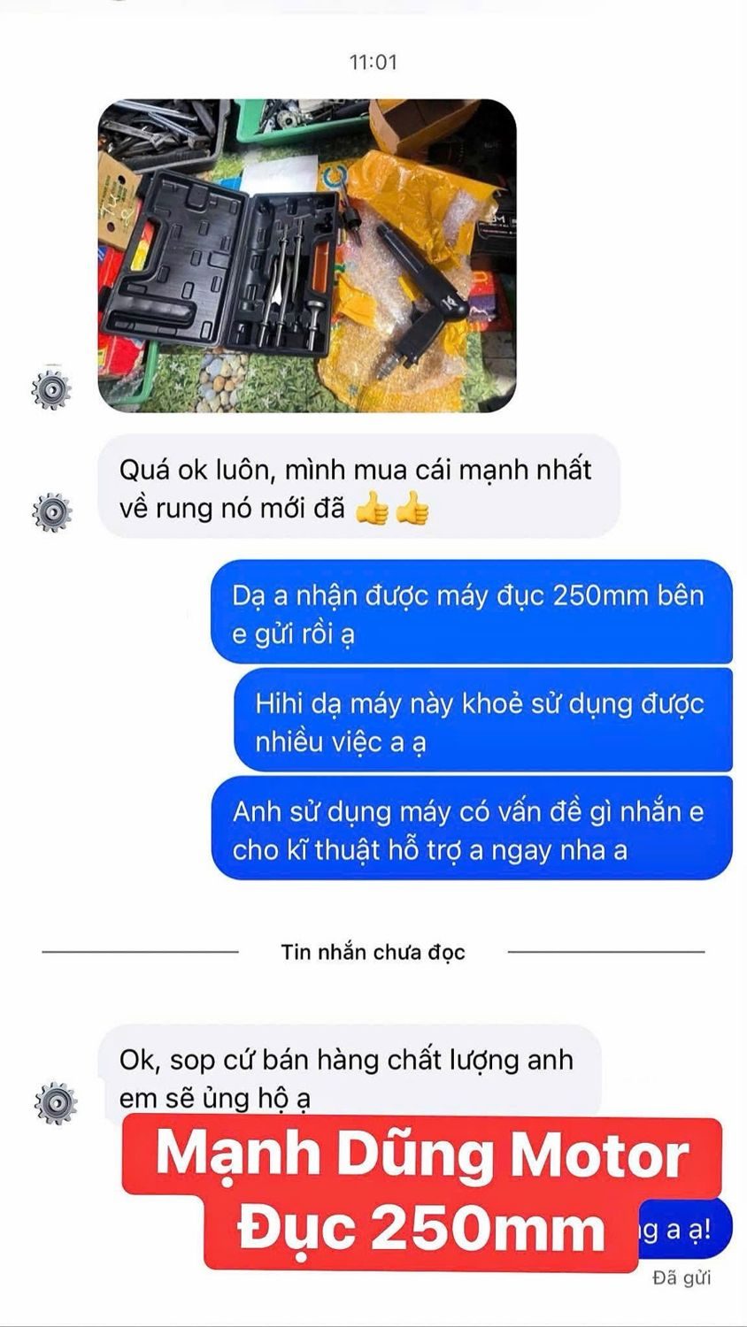 Tin nhắn khách mua máy đục khí nén kingman 250mm: Quá ok luôn, mình mua cái mạnh nhất về rung nó mới đã. Shop cứ bán hàng chất lượng, anh em sẽ ủng hộ ạ.