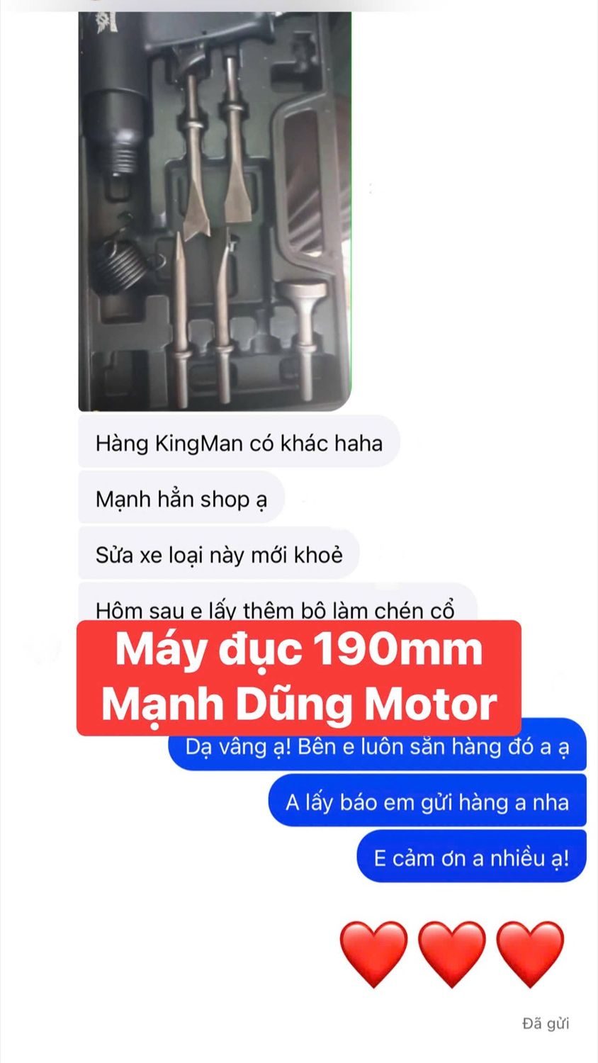Tin nhắn khách mua máy đục khí nén kingman 190mm: Hàng KingMan có khác haha. Mạnh hẳn shop ạ. Sửa xe loại này mới khỏe.
