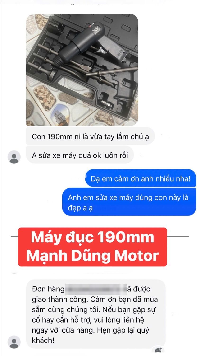 Tin nhắn khách mua máy đục khí nén kingman 190mm: Con 190mm này là vừa tay lắm chú ạ. Anh sửa xe máy quá ok luôn rồi.