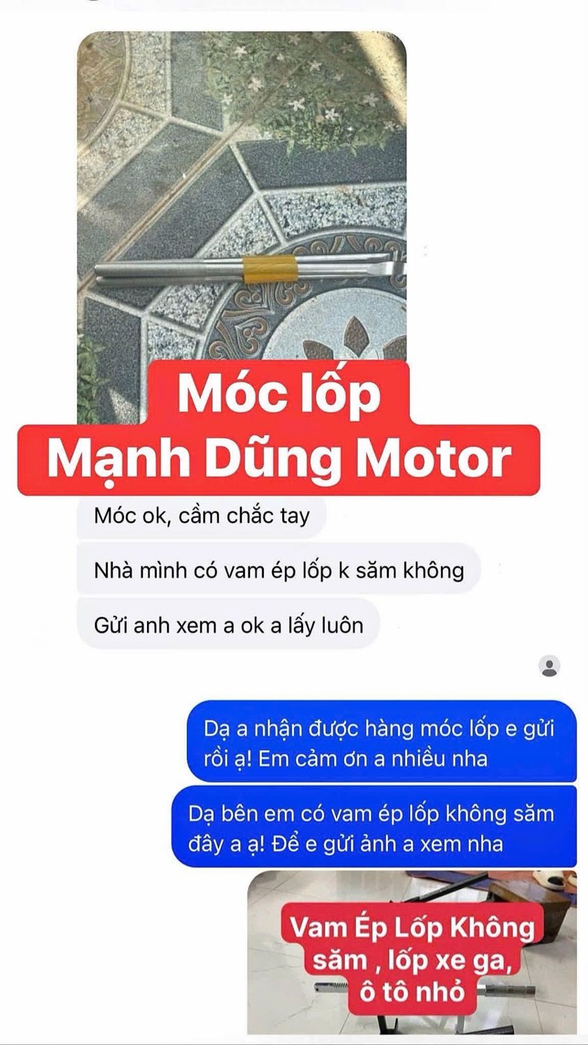 Tin nhắn khách mua móc lốp inox 304 bộ 2 cây: Móc ok, cầm chắc tay. Nhà mình có vam ép lốp không săm không, gửi anh xem ok anh lấy luôn.