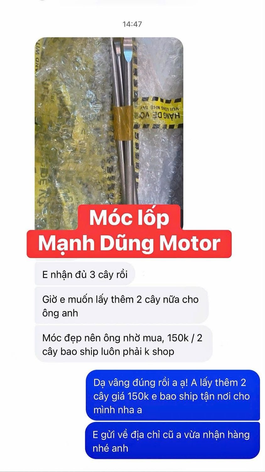 Tin nhắn khách mua móc lốp inox 304 bộ 3 cây: Em nhận đủ 3 cây rồi. Giờ em muốn lấy thêm 2 cây nữa cho ông anh, móc đẹp nên ông nhờ mua.